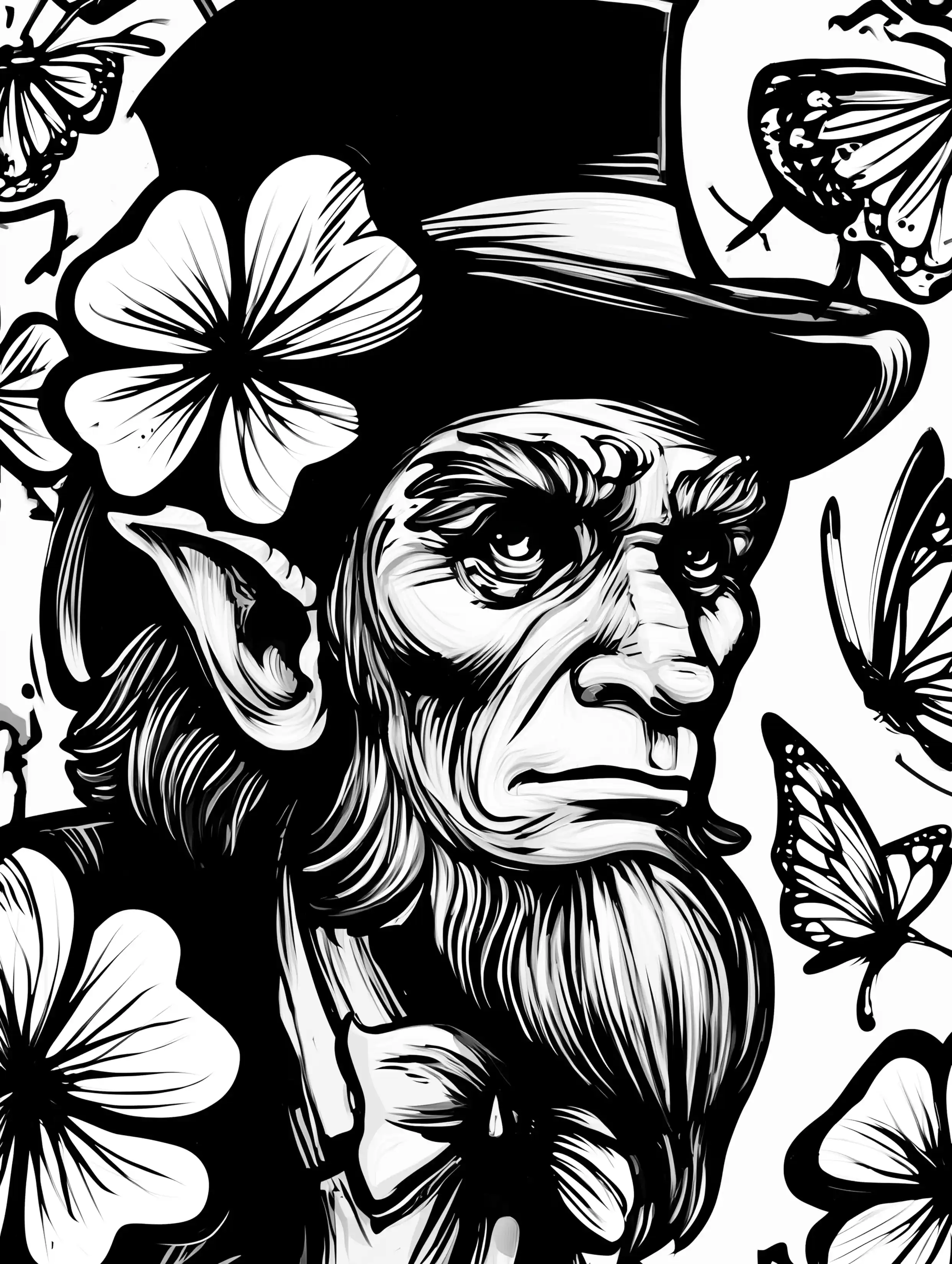 Free printable St Patricks Day coloring page for adults featuring a profile view of a leprechaun